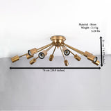 Antique Brass 12-Light Sputnik Chandelier – Industrial Mid-Century Flush Mount Starburst Ceiling Light Base - 32152