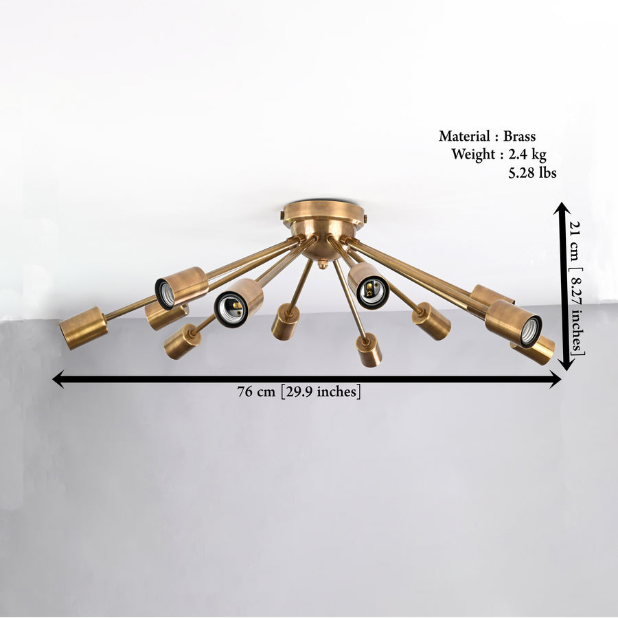Antique Brass 12-Light Sputnik Chandelier – Industrial Mid-Century Flush Mount Starburst Ceiling Light Base - 32152