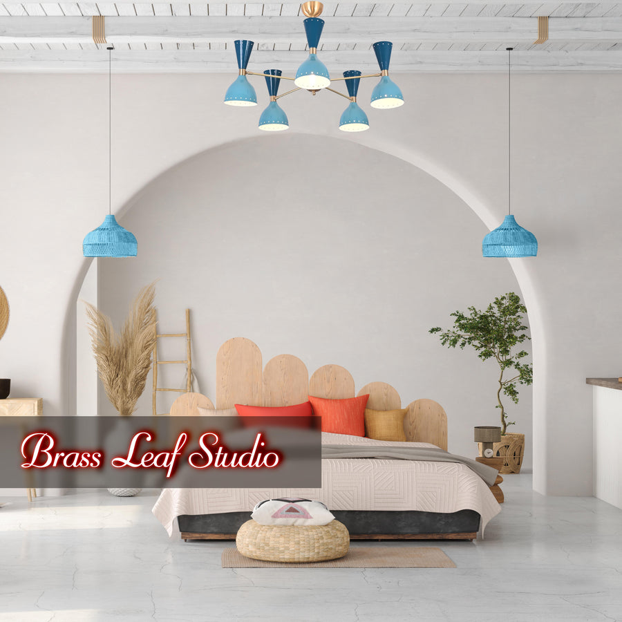 Diabolo Style Mid-Century Modern Chandelier – Customizable 5-Arm, 10-Light Ceiling Lamp Natural Brass or Copper Finish | Handcrafted Lighting Fixture - 32232