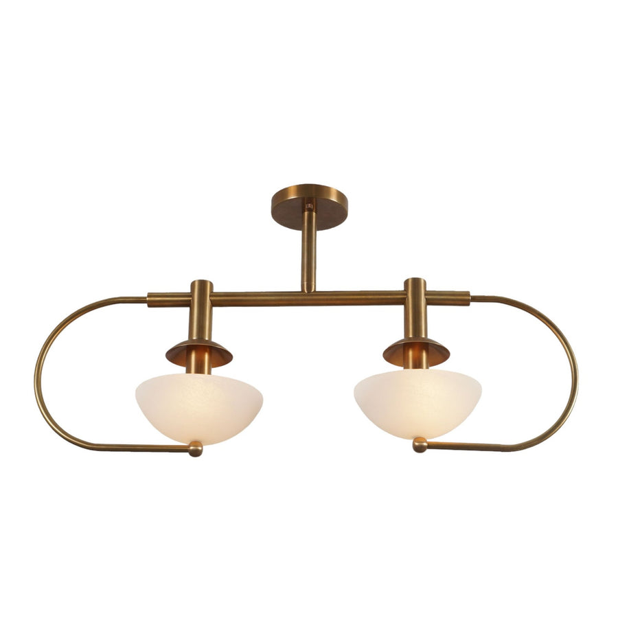 2-Light Brass Chandelier with Frosted White Bowls | Modern Semi-Flush Ceiling Light