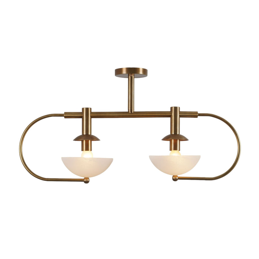 2-Light Brass Chandelier with Frosted White Bowls | Modern Semi-Flush Ceiling Light