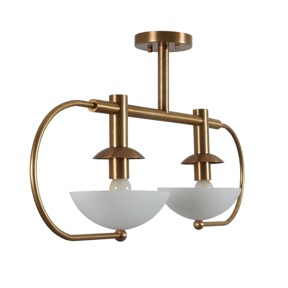 Modern 2-Light Chandelier in Brushed Brass with Frosted Bowl Shades | Brass Leaf Studio