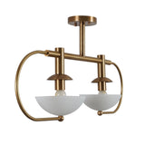 Modern 2-Light Chandelier in Brushed Brass with Frosted Bowl Shades | Brass Leaf Studio