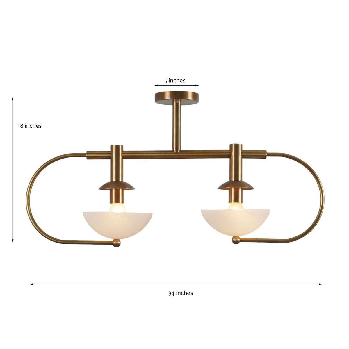 Dimensions of 2-Light Brass Chandelier | 34 Inch Width x 18 Inch Height | Brass Leaf Studio