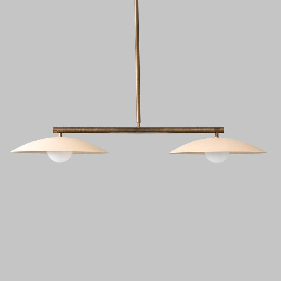 2 light disc glass globe brass chandelier with minimalist linear design and warm ambient lighting
