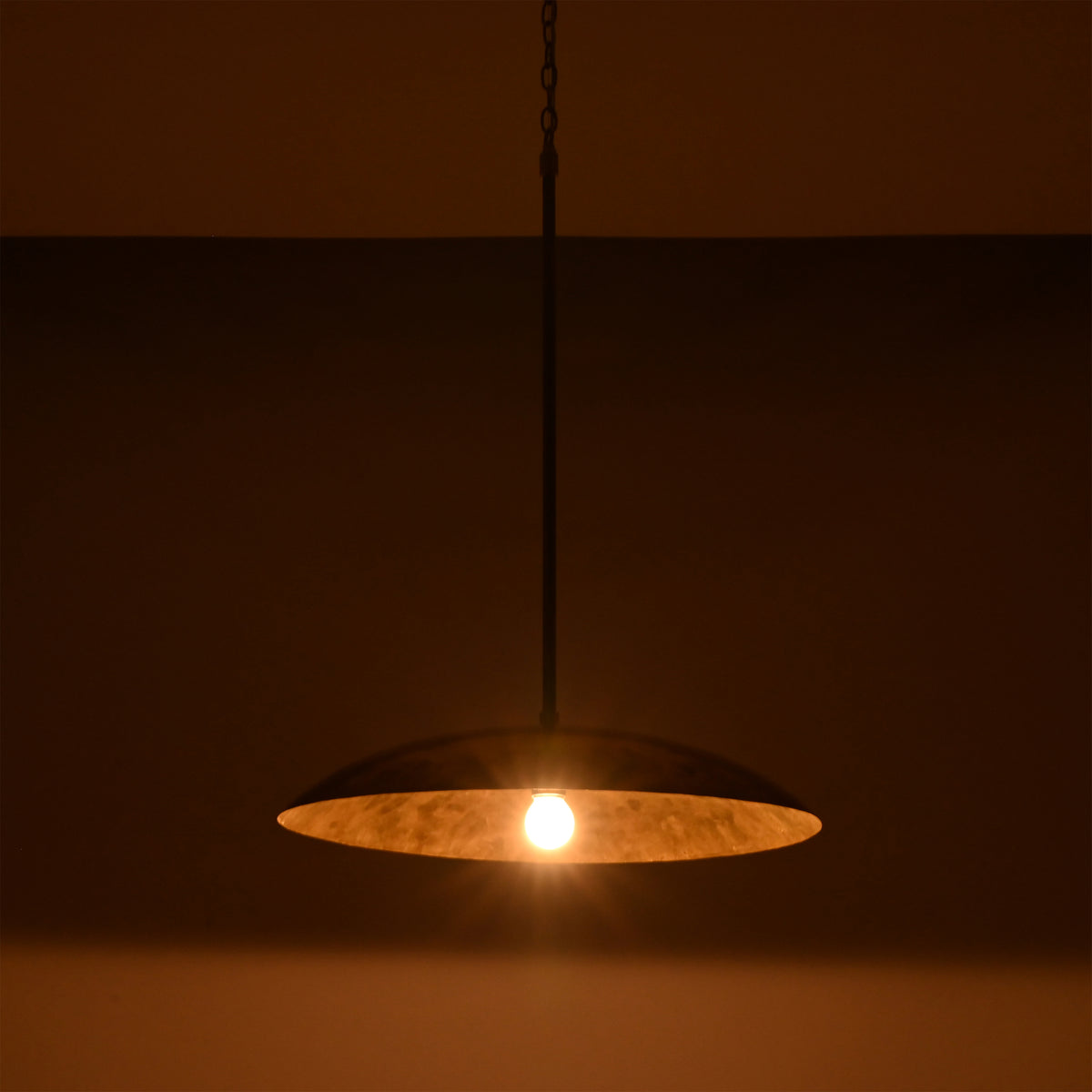 20 inch brass dome pendant light dimension view showing 44 inch overall height and wide shallow shade design