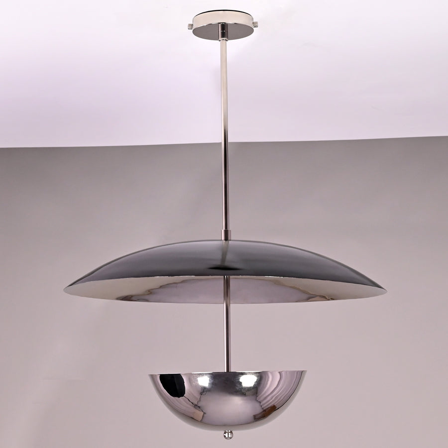 24-inch chrome brass disc chandelier with upper wide dome and lower polished bowl pendant