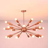 Front view of 24 light brass sputnik chandelier with symmetrical arms and warm ambient lighting.