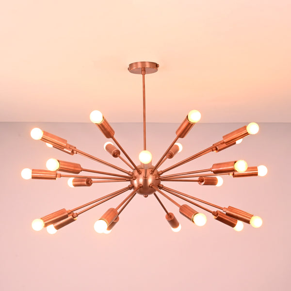 Front view of 24 light brass sputnik chandelier with symmetrical arms and warm ambient lighting.