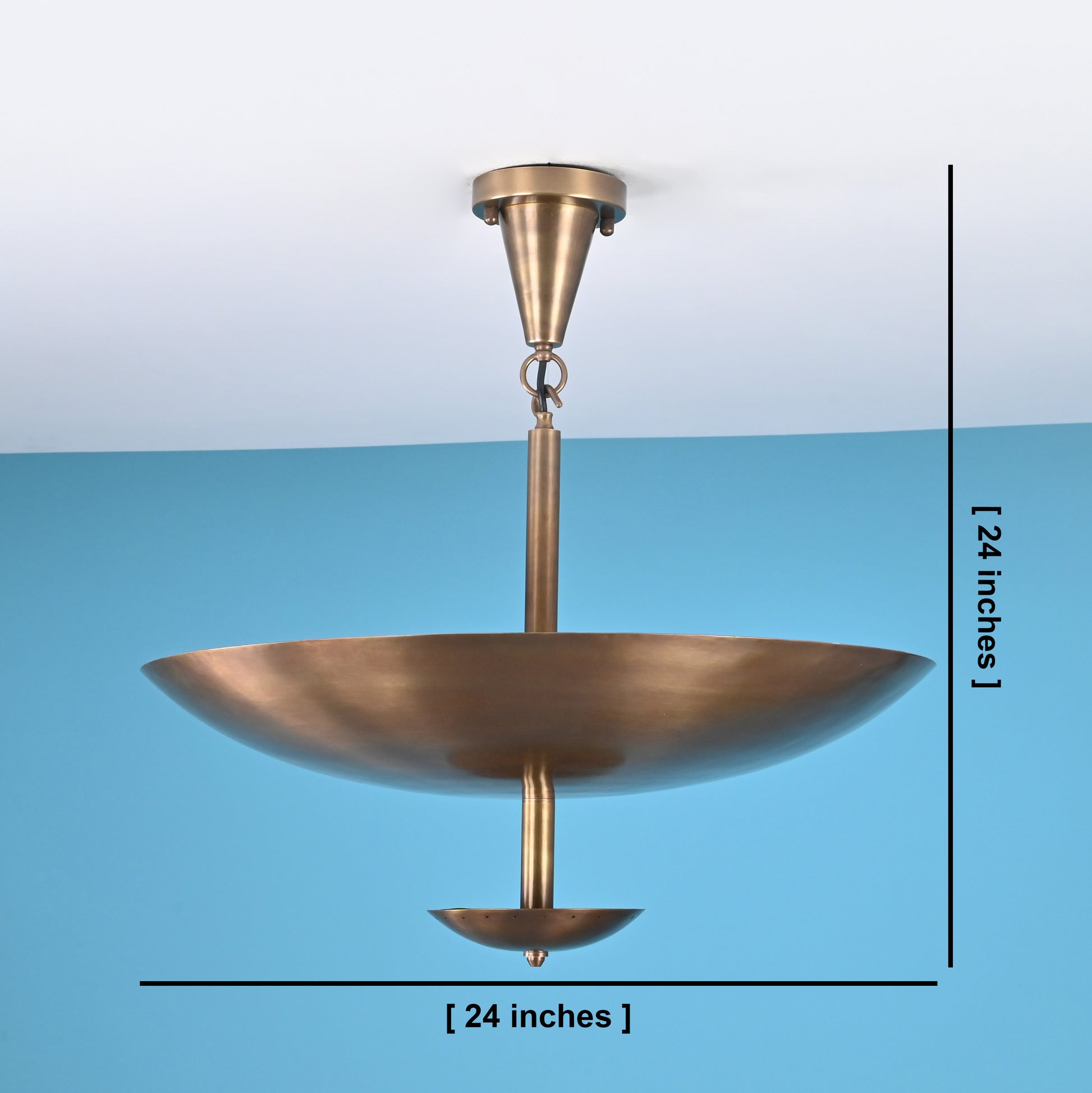 Brushed brass bowl ceiling light measuring 24 inches in height and width, displayed against a blue background.