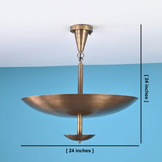 Brushed brass bowl ceiling light measuring 24 inches in height and width, displayed against a blue background.