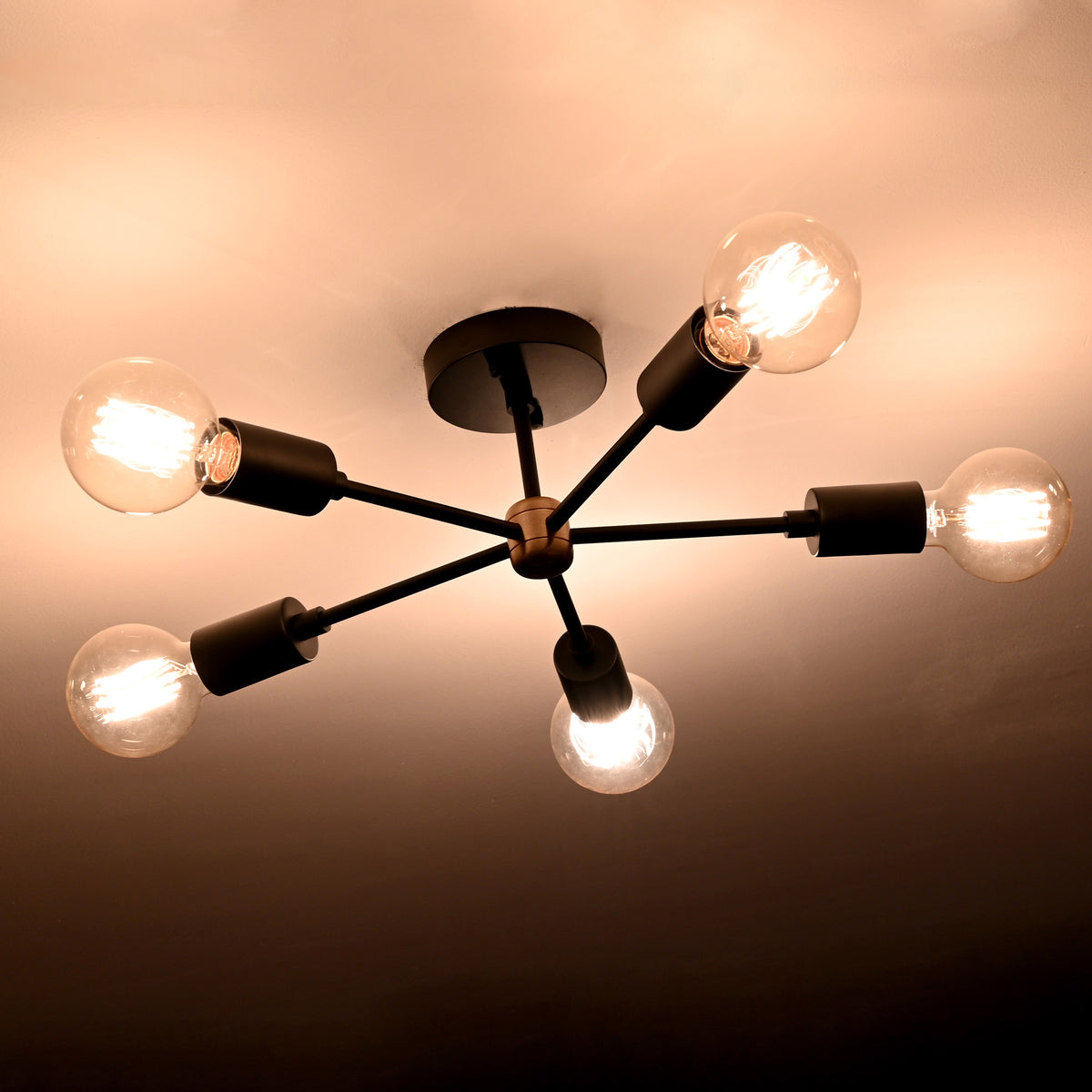 Modern 6-Light Black Sputnik Chandelier – Matte Finish Ceiling Fixture with Globe Bulbs - 32178