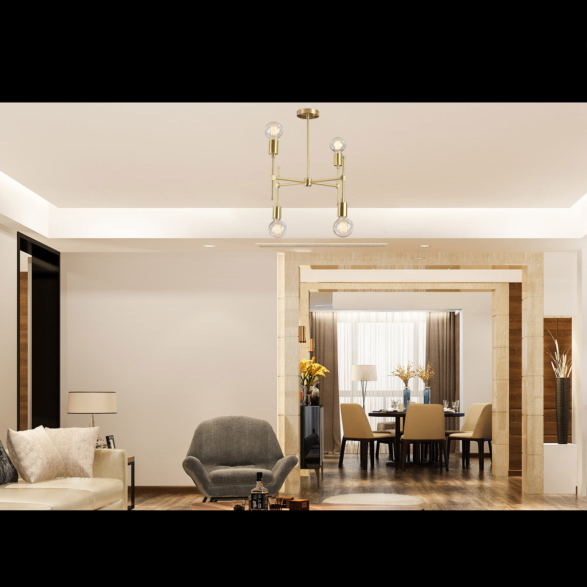 Elegant 6-Light Brass Sputnik Chandelier – Asymmetrical Modern Fixture with Edison Globe Bulbs - 32182