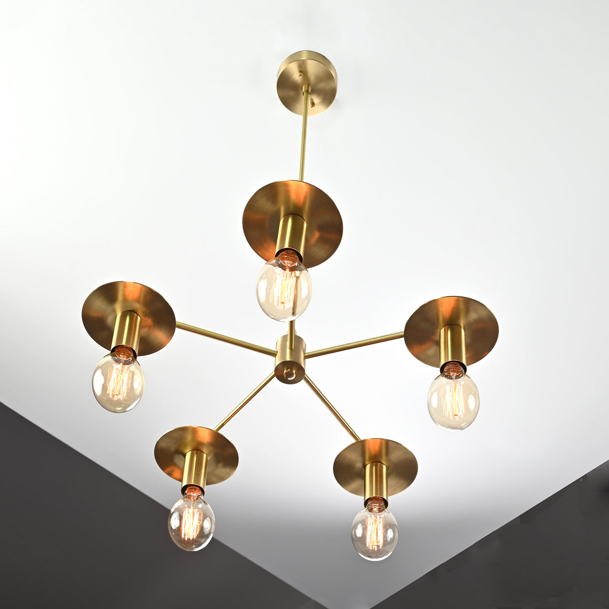 Retro 6-Light Brass Sputnik Chandelier – Vintage Ceiling Fixture with Wide Disc Shades - 32188