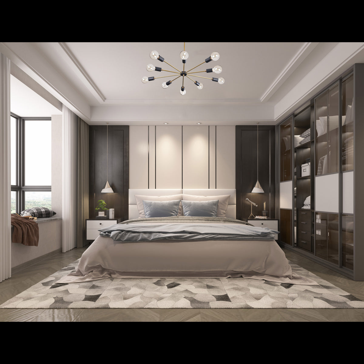 Radiant 12-Light Sputnik Chandelier – Black & Brass Mid-Century Modern Ceiling Fixture - 32198