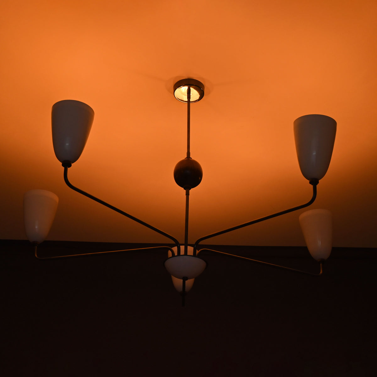 Mid-Century 6-Light Black & Wood Chandelier – Sculptural Arm Fixture with Opal Glass Shades - 32216