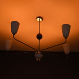 Mid-Century 6-Light Black & Wood Chandelier – Sculptural Arm Fixture with Opal Glass Shades - 32216