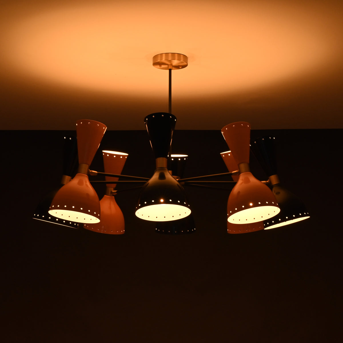 Modern 10-Light Chandelier – Mixed Coral & Black Double Cone Shades with Brass Frame - 32219