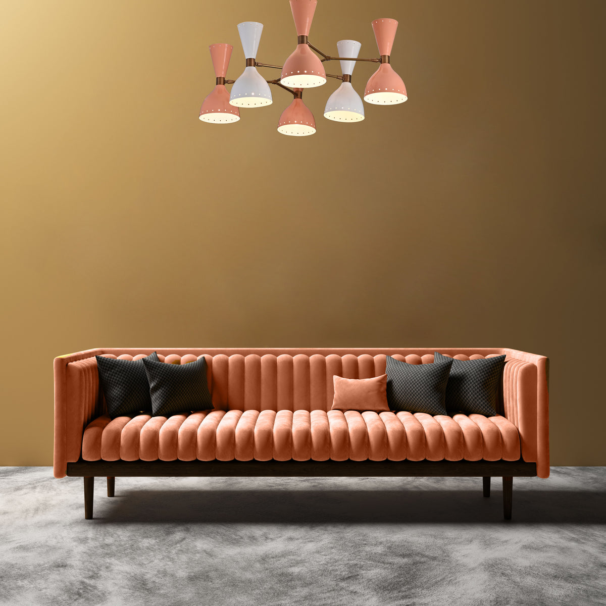 Modern 10-Light Chandelier – Color Blocked Coral, White & Brass Double Cone Ceiling Fixture - 32223
