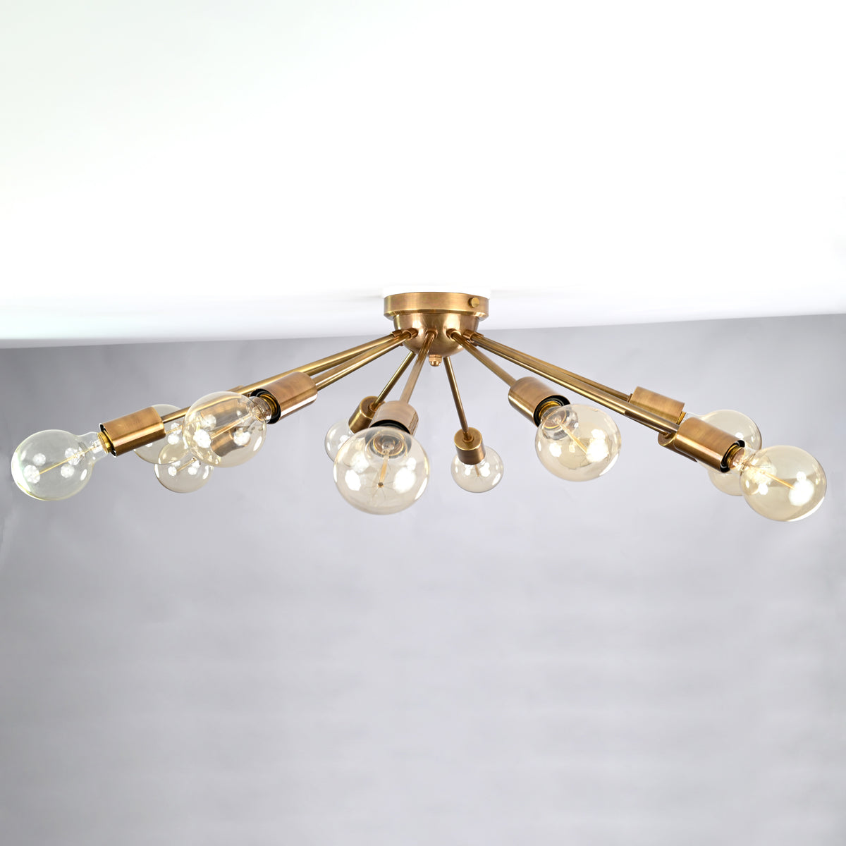 Antique Brass 12-Light Sputnik Chandelier – Industrial Mid-Century Flush Mount Starburst Ceiling Light Base - 32152