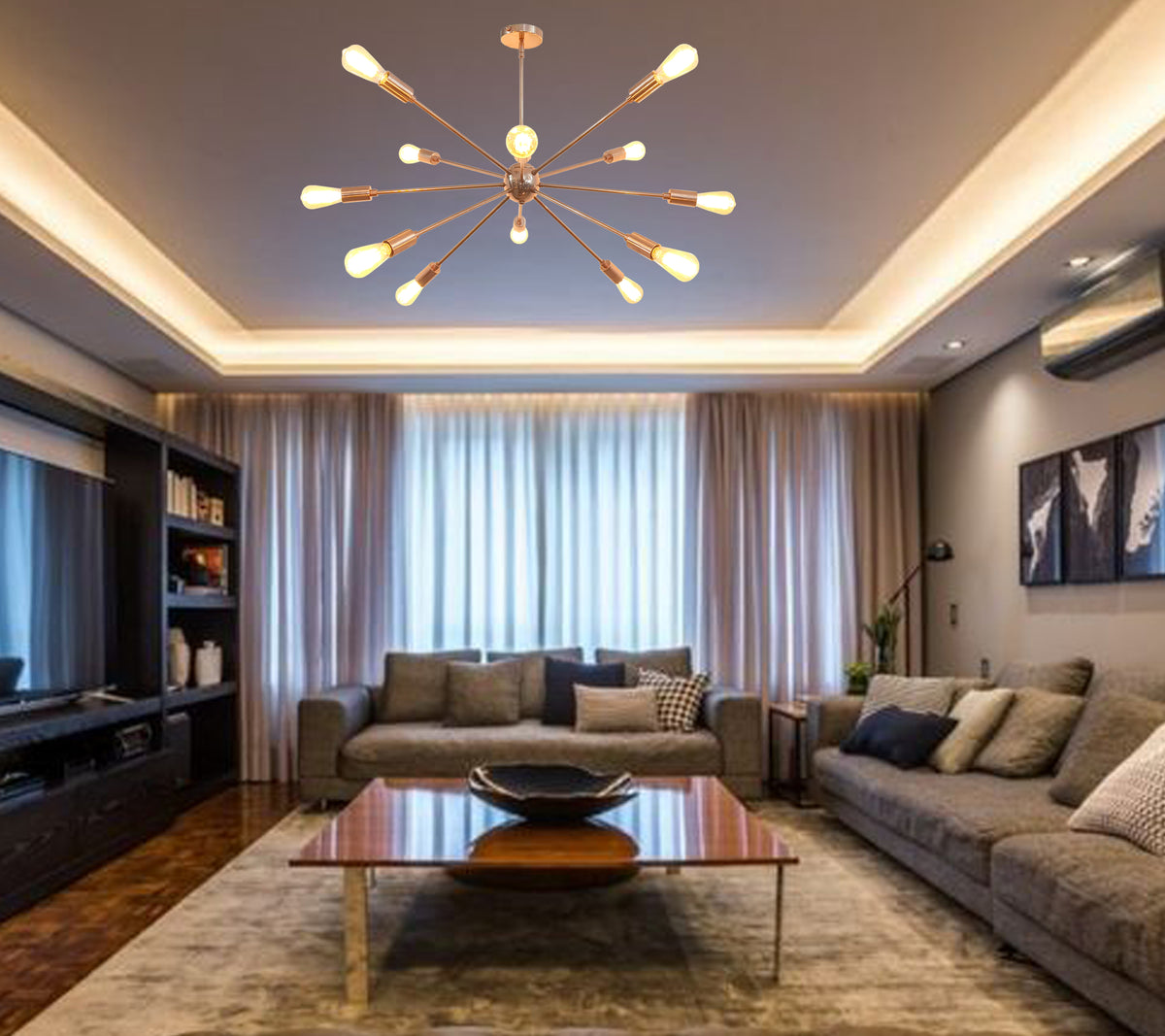 Customizable Rose Gold Sputnik Chandelier – Mid-Century Modern Industrial Pendant with Exposed Edison Bulbs - 32139