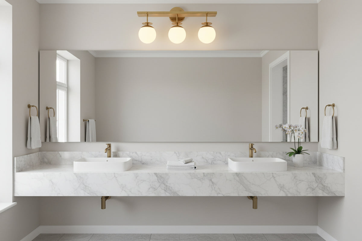 3 glass globe semi flush ceiling light with brushed brass finish for hallway, bedroom, or dining room lighting