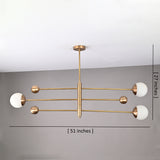 Modern 3-globe brass chandelier with opal globes, 51-inch wide handcrafted brass light by Brass Leaf Studio.