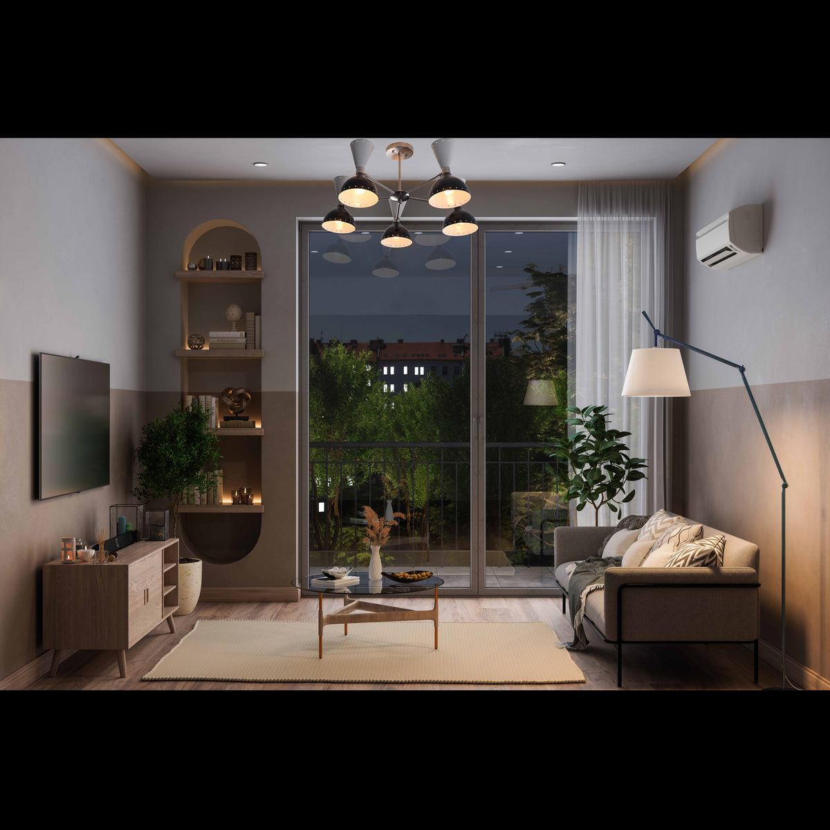 Modern 10-Light Chandelier – Black & White Dual Cone Shades with Brushed Nickel Frame - 32222