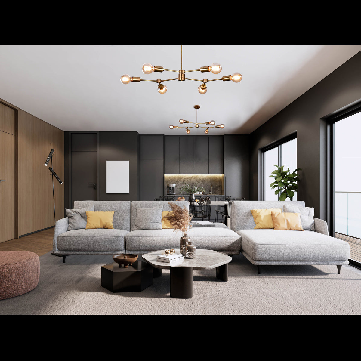 Modern 8-Light Brass Chandelier – Sculptural Ceiling Fixture with Industrial Globe Bulbs

 - 32214