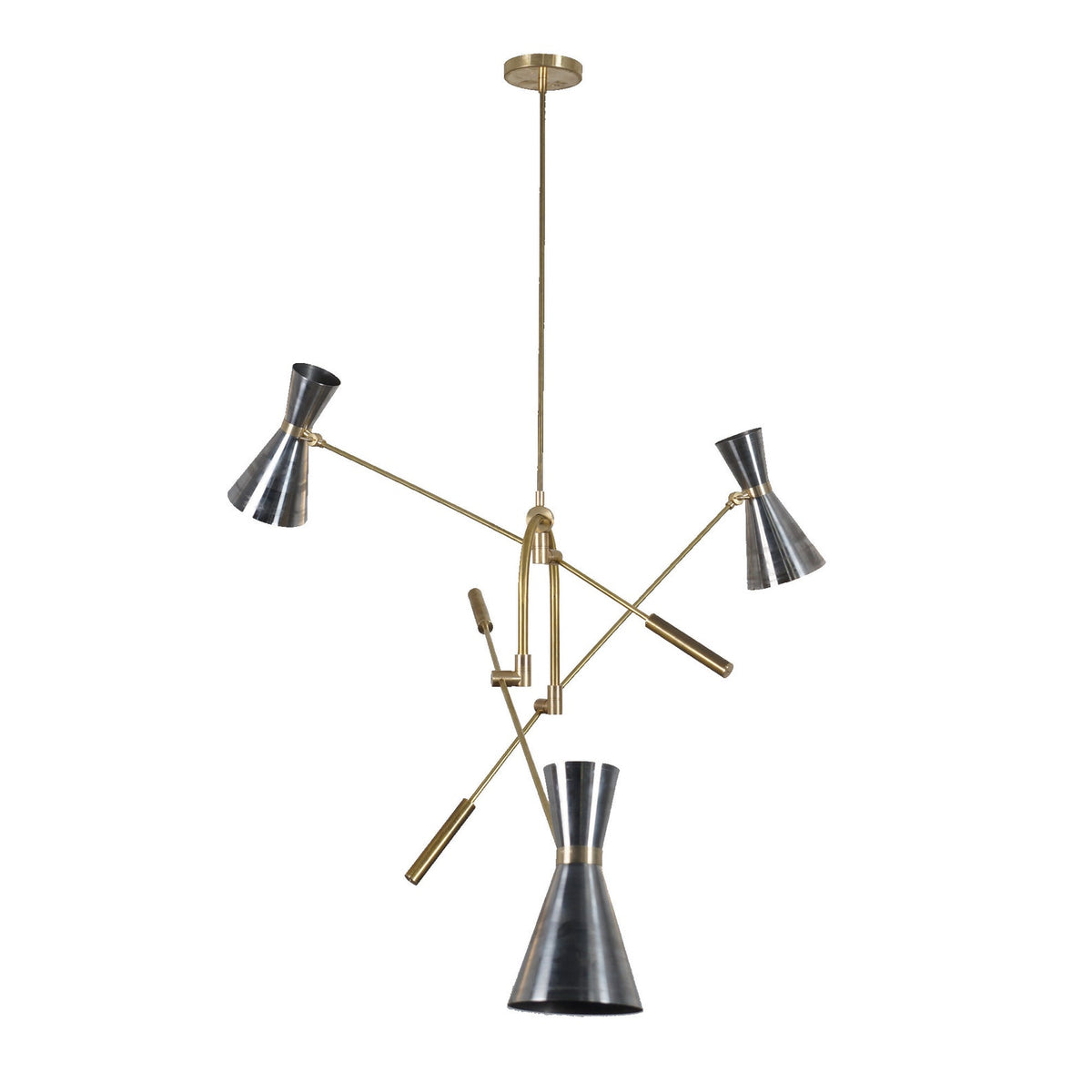 Adjustable 3 Light Mid-Century Brass Chandelier featuring sleek double-cone metal shades and balanced brass frame – handmade by Brass Leaf Studio
