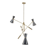Adjustable 3 Light Mid-Century Brass Chandelier featuring sleek double-cone metal shades and balanced brass frame – handmade by Brass Leaf Studio