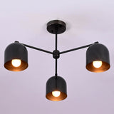 Front view of a 3 light brass bowl shade chandelier with black finish and warm interior glow.