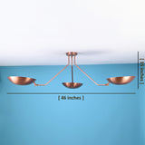 3 light bowl shade brass flush mount ceiling light showing 46 inch width and 15 inch height with minimalist industrial design