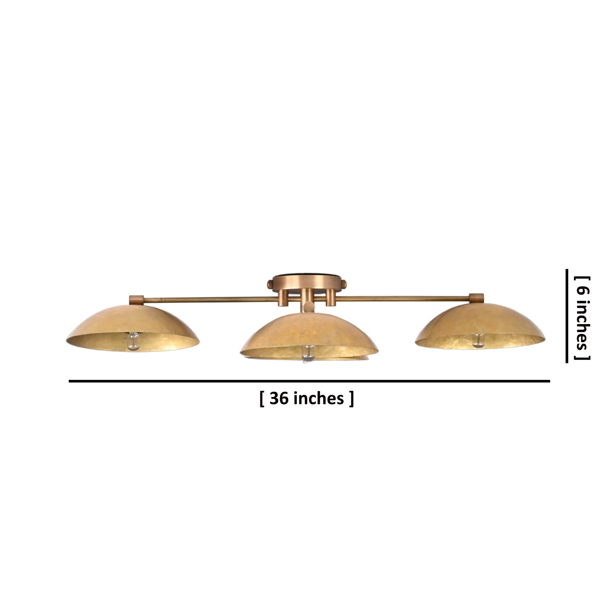 Side view of a 3-light brushed brass ceiling fixture with measurement overlay showing 36 inches wide and 6 inches height.