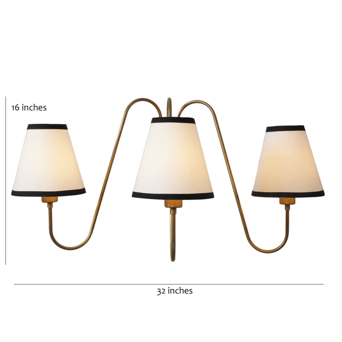 3-light brass wall lamp with labeled dimensions – 32 inches width and 16 inches height