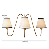 3-light brass wall lamp with labeled dimensions – 32 inches width and 16 inches height