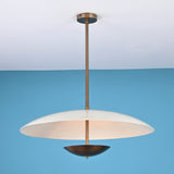 Minimalist 3 light disc style brass chandelier with opal glass shade and solid brass construction