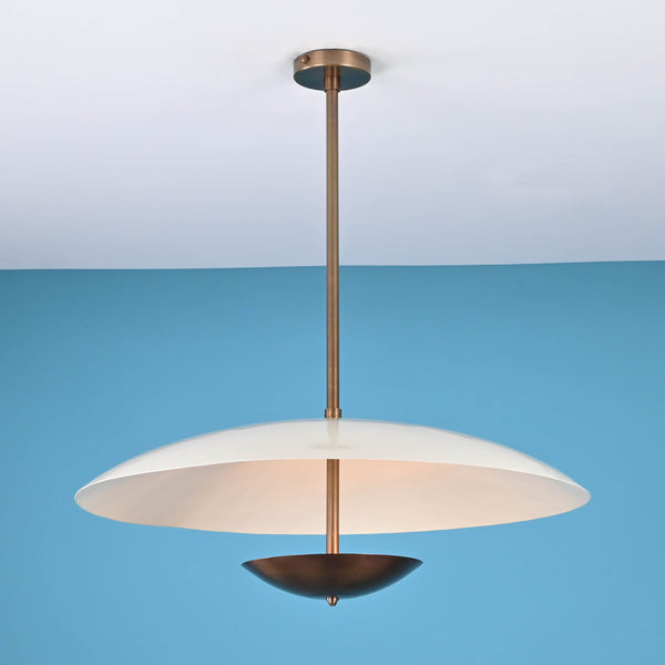 Minimalist 3 light disc style brass chandelier with opal glass shade and solid brass construction