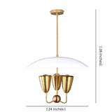 Disc-style brass chandelier with three cone lights and minimalist suspended rod design