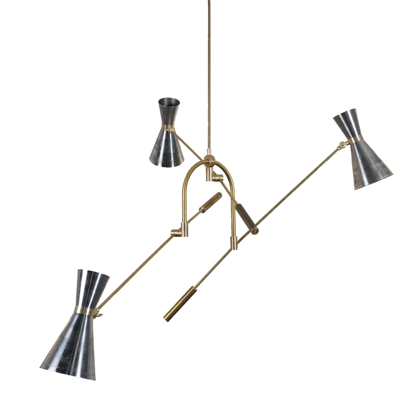 3 Light Double Cone Brass Chandelier with adjustable arms – handcrafted mid-century modern ceiling light featuring solid brass and blackened steel shades