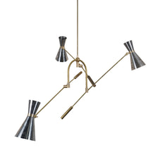 3 Light Double Cone Brass Chandelier with adjustable arms – handcrafted mid-century modern ceiling light featuring solid brass and blackened steel shades
