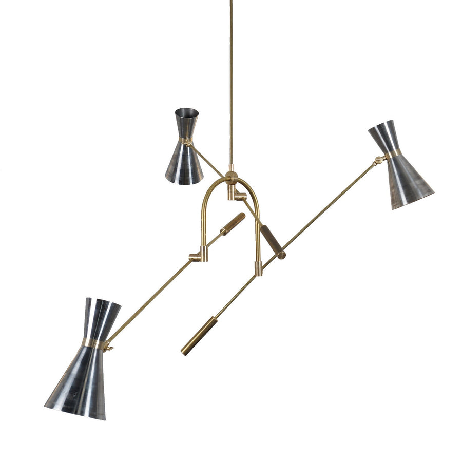 3 Light Double Cone Brass Chandelier with adjustable arms – handcrafted mid-century modern ceiling light featuring solid brass and blackened steel shades