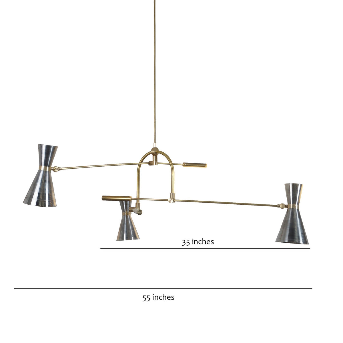 3 Light Double Cone Brass Chandelier with 55-inch width and 35-inch height – adjustable handcrafted mid-century ceiling light design