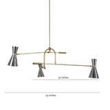 3 Light Double Cone Brass Chandelier with 55-inch width and 35-inch height – adjustable handcrafted mid-century ceiling light design