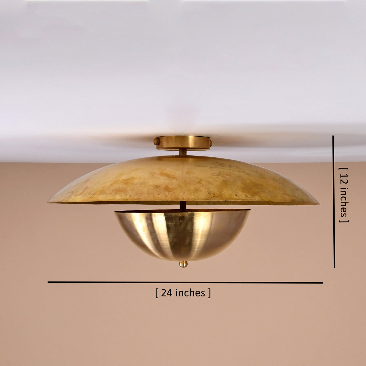 3-light raw brass disc ceiling light showing 24-inch width and 12-inch height, handcrafted by Brass Leaf Studio