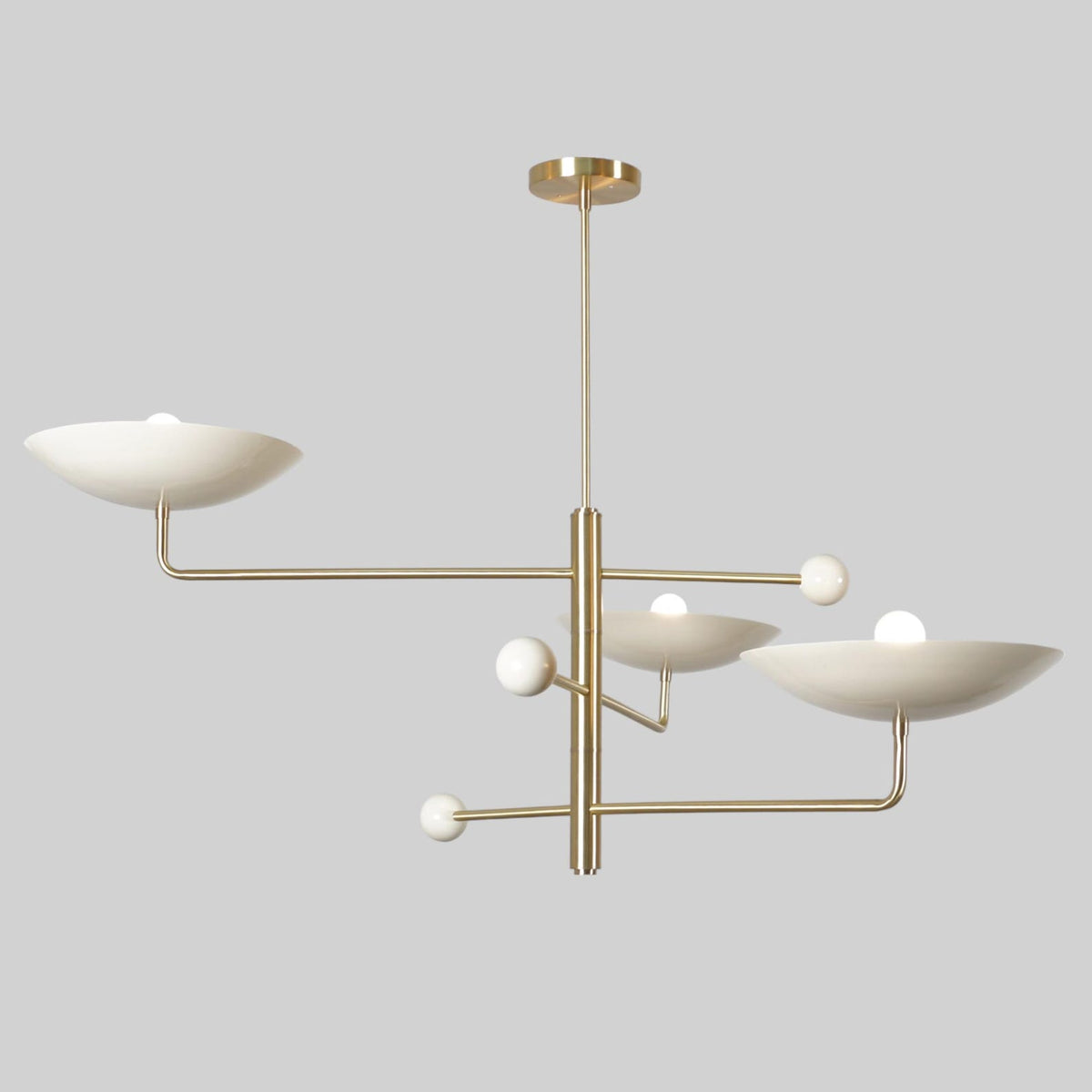 Minimalist 3-Light Brass Chandelier with Floating White Bowl Shades
