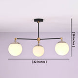 3 light opal glass globe brass chandelier showing dimensions of 22 inches wide and 16 inches high.
