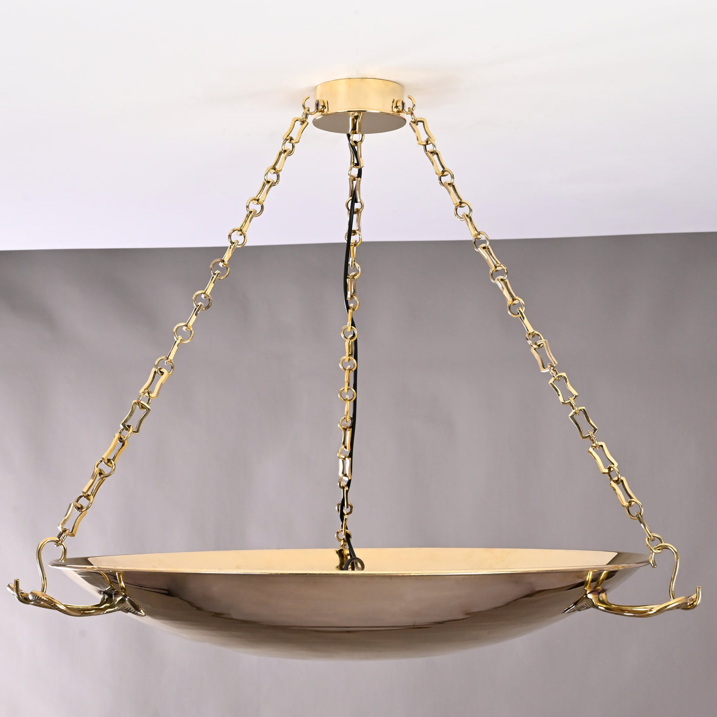 30-inch brass bowl chandelier with triple brass chain suspension and polished reflective finish