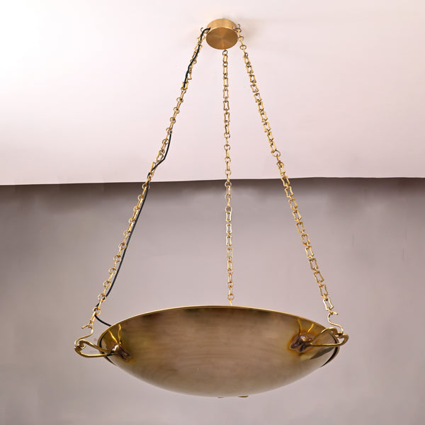 30-inch solid brass bowl chandelier with chain suspension, handcrafted by Brass Leaf Studio