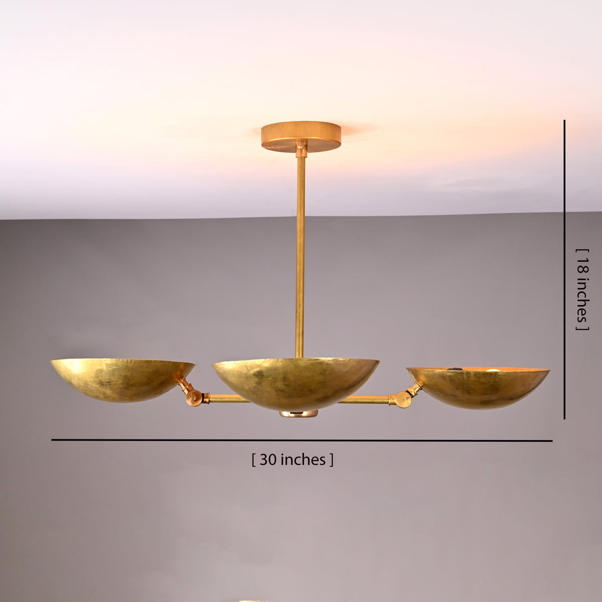 30-inch brass bowl chandelier with 18-inch height measurement displayed, showcasing hammered brass shades and adjustable frame design.